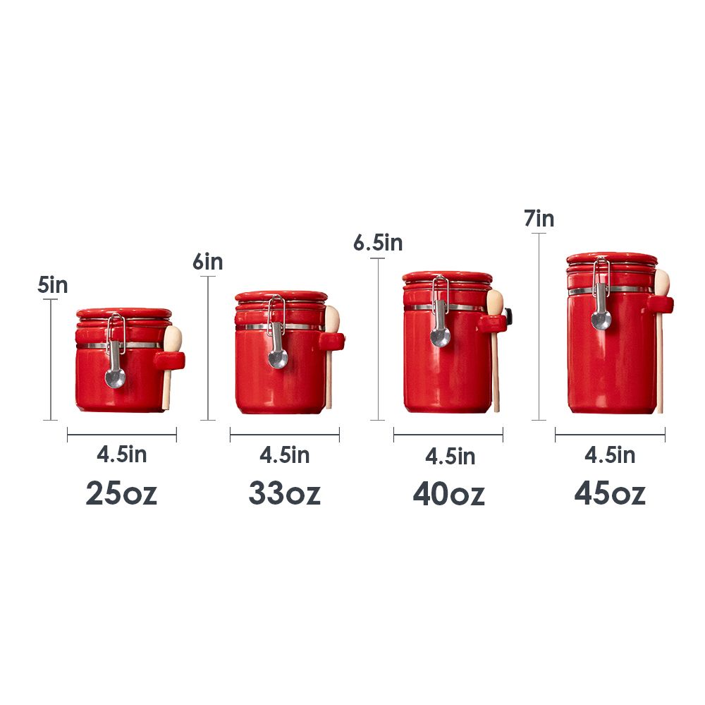 2 Bulk Home Basics 4 Piece Ceramic Canister Set With Wooden Spoons, Red