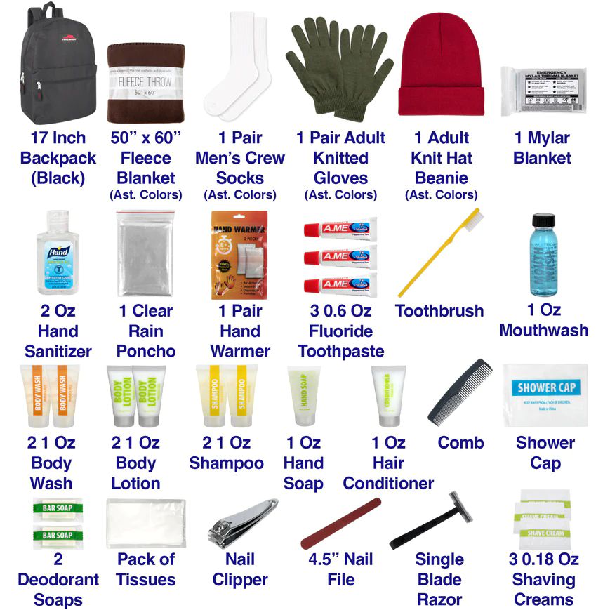 12 Bulk Warm Essential 34Piece Homeless Care Hygiene Kit With Backpack