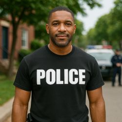 12 Bulk Unisex Cotton Police Printed T Shirt Black With White Print Size Small