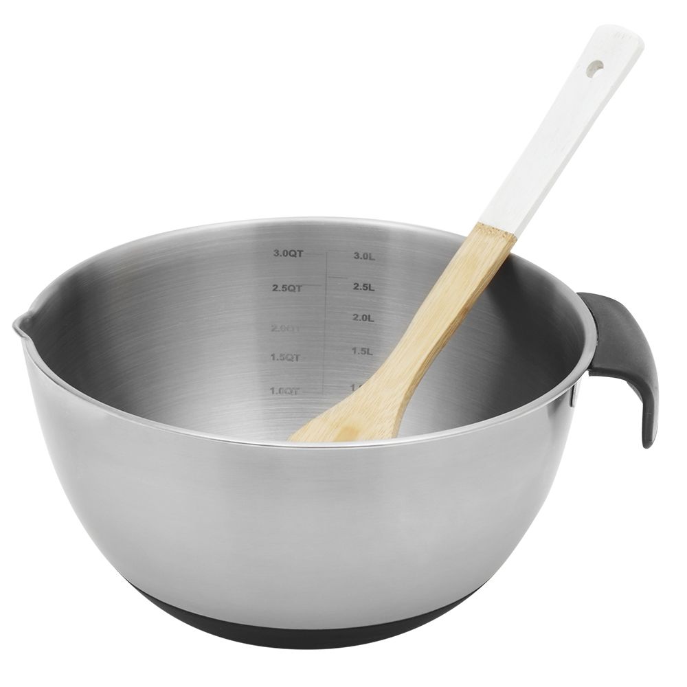 12 Bulk 3 Qt. Stainless Steel Mixing Bowl With Measurements, NoN-Skid Bottom, Handle And Pour Spout