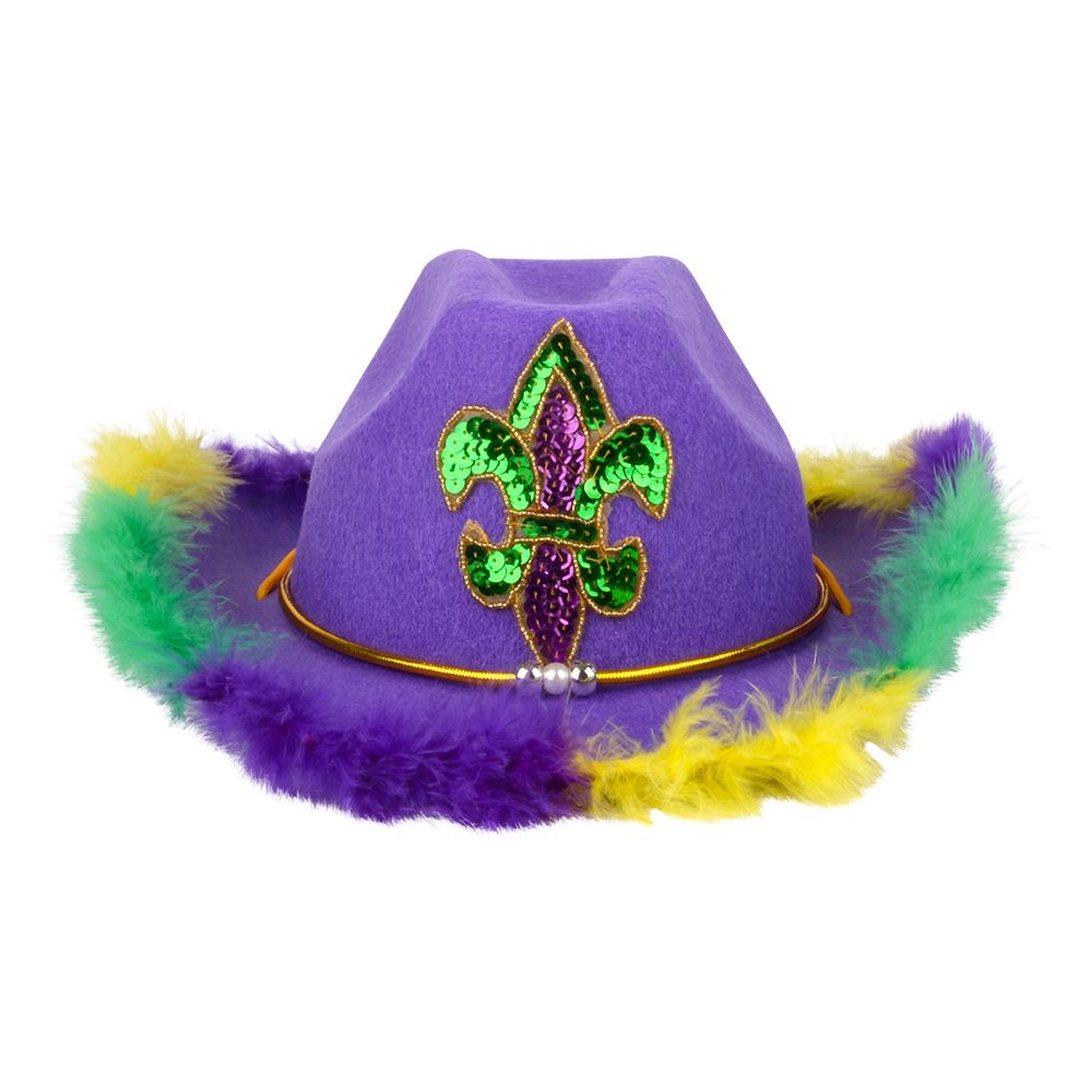 24 Bulk Feather Rimmed Fleur De Lis Cowboy Hat