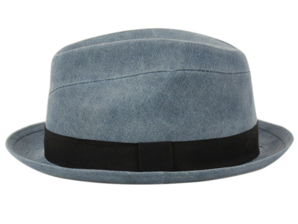 6 Bulk Washed Denim Cotton Fedora Hats With Black Band Assorted