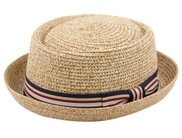 12 Bulk Straw Pork Pie Hats With Stripe Band Assorted