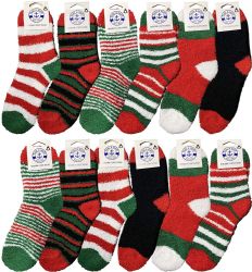 60 Bulk Yacht & Smith Women's Printed Assorted Colors Warm & Cozy Fuzzy Christmas Holiday Socks