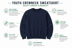 24 Bulk Youth Cotton Crew Neck Sweat Shirt Navy Blue Size X-Large