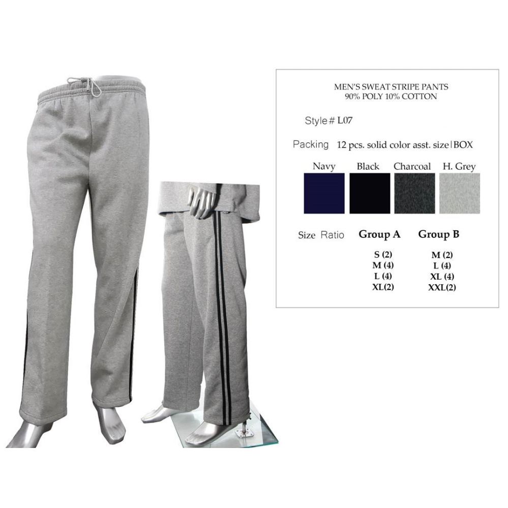 12 Bulk Mens Sweat Stripe Pants 90% Poly 10% Cotton