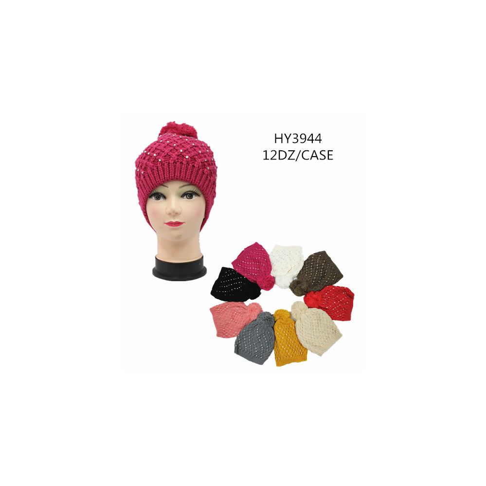 72 Bulk Ladies Heavy Knit Winter Hat With Rhinestone Design at