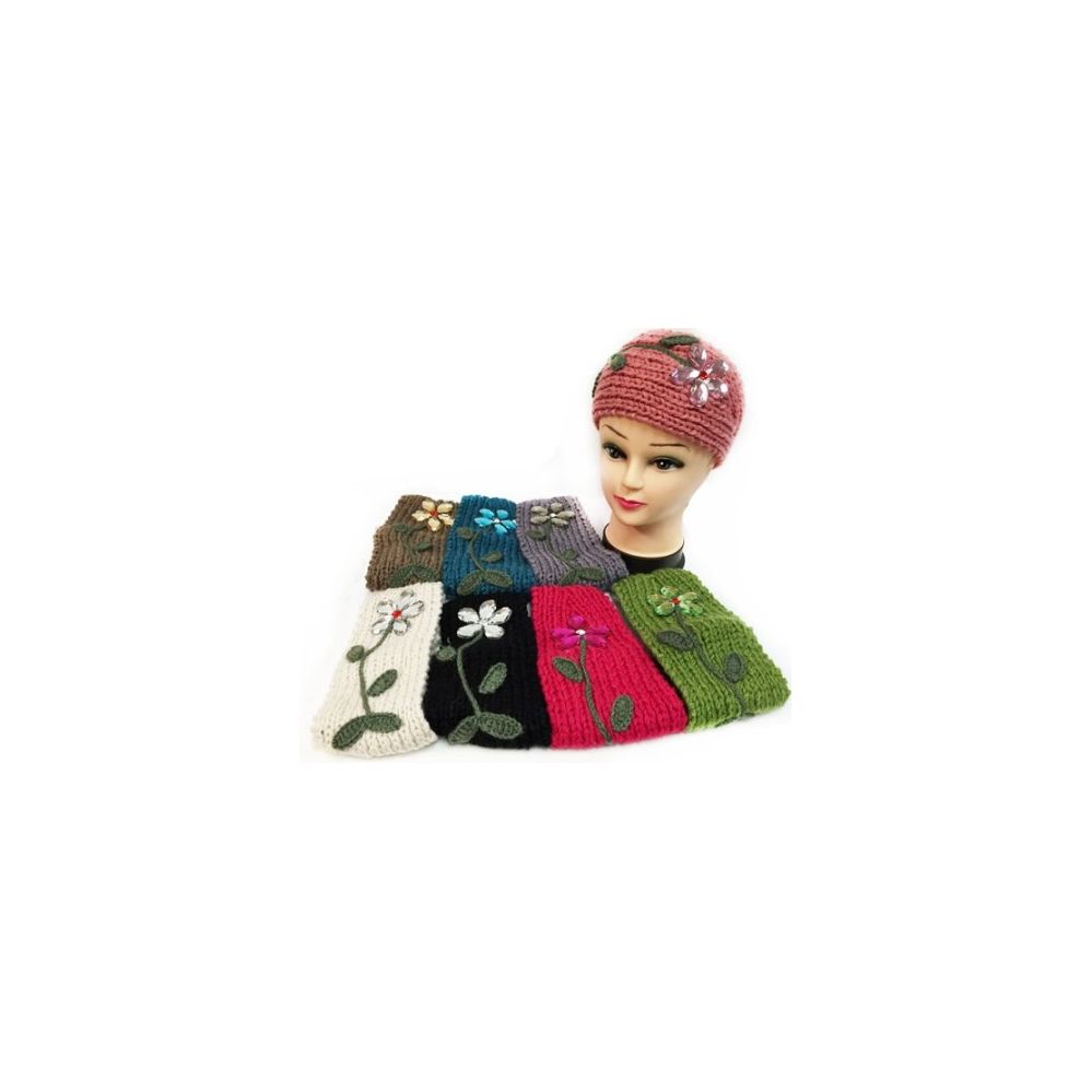 24 Bulk Flower Design Knitted Headband Ear Band Assorted Color