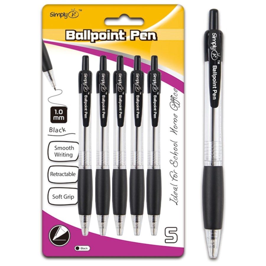 96 Bulk Six Count Retractable Ballpoint Pen Black With Grip at