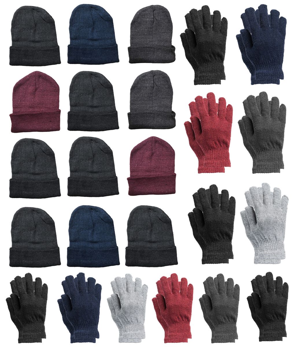 24 Bulk Yacht & Smith Mens Warm Winter Hats And Glove Set Solid Assorted Colors 24 Pieces at
