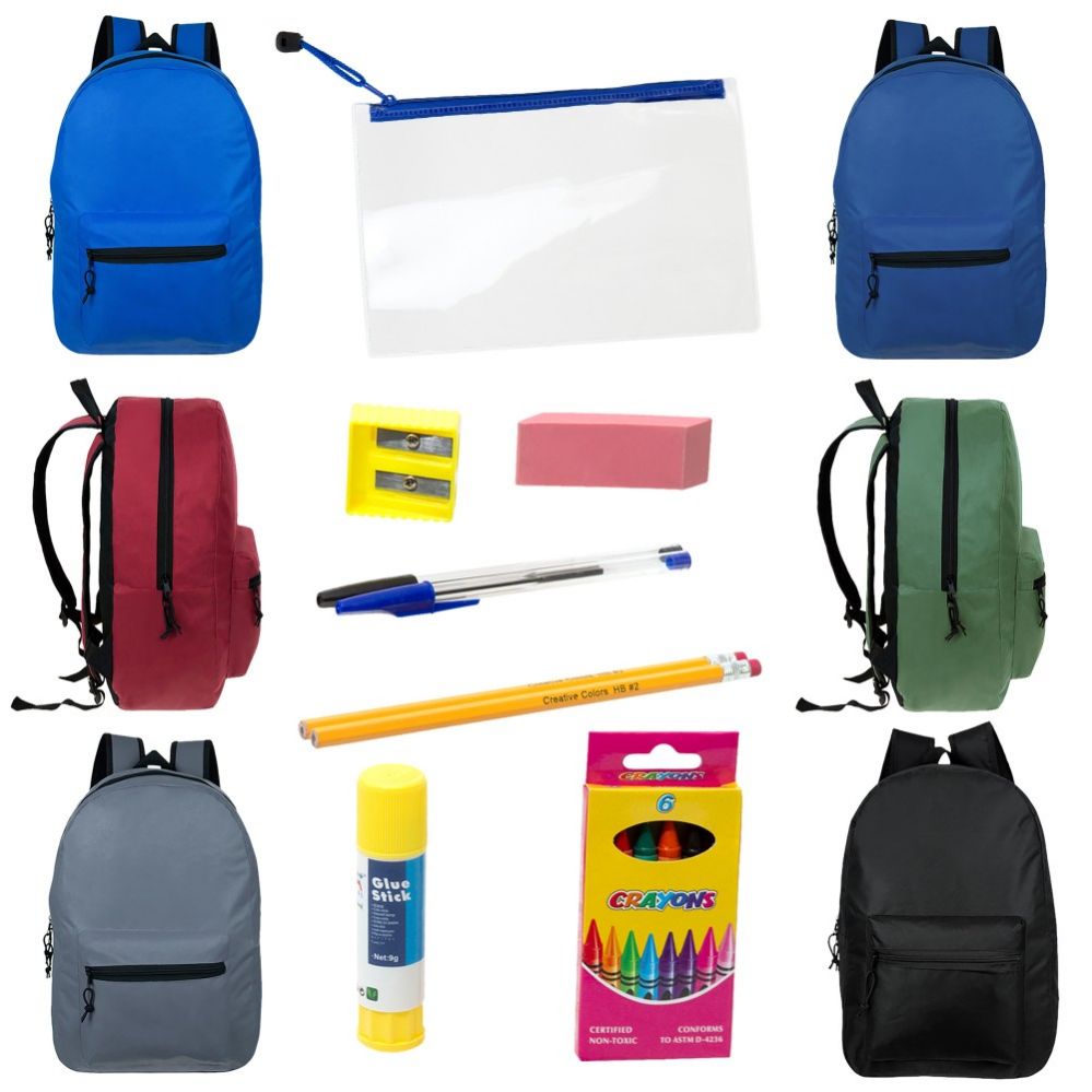 12 Bulk 15" Backpacks With 12 Piece School Supply Kit In 6 Assorted
