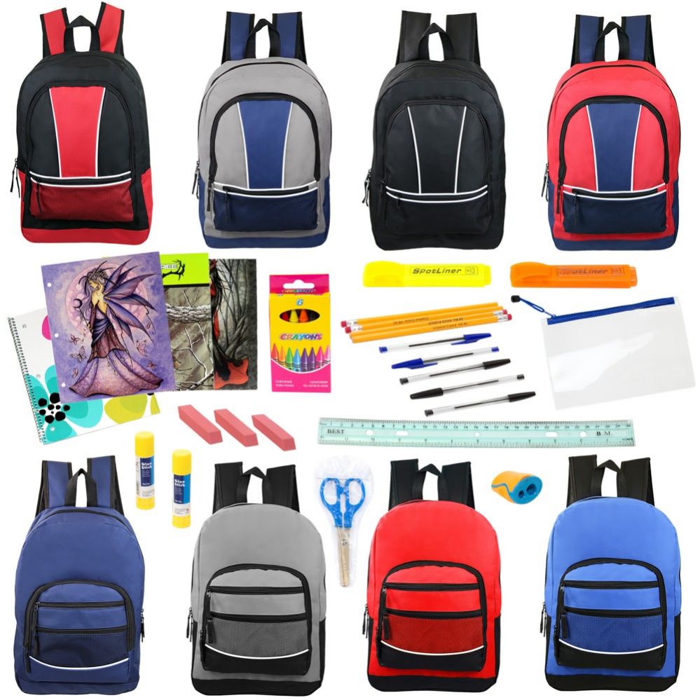12 Bulk 17" Backpacks With 44 Piece Bulk School Supply Kits at