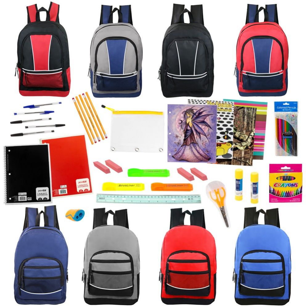 12 Bulk 17" Backpacks With 52 Piece School Supply Kits In 8 Assorted