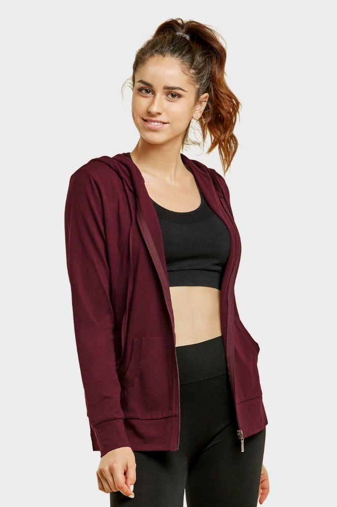 Wholesale Women's Lightweight Zip Up Hoodie Jacket Burgundy at