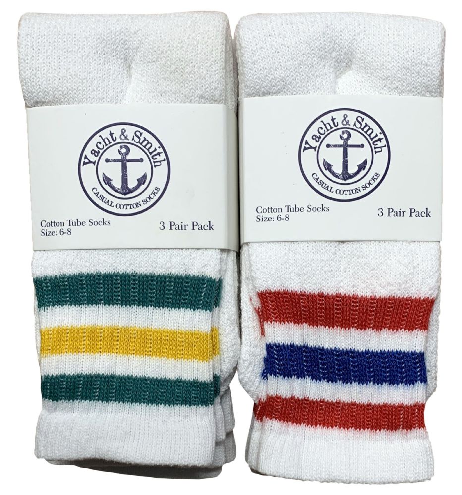 240 Bulk Yacht & Smith Kids Cotton Tube Socks Size 6-8 White With Stripes