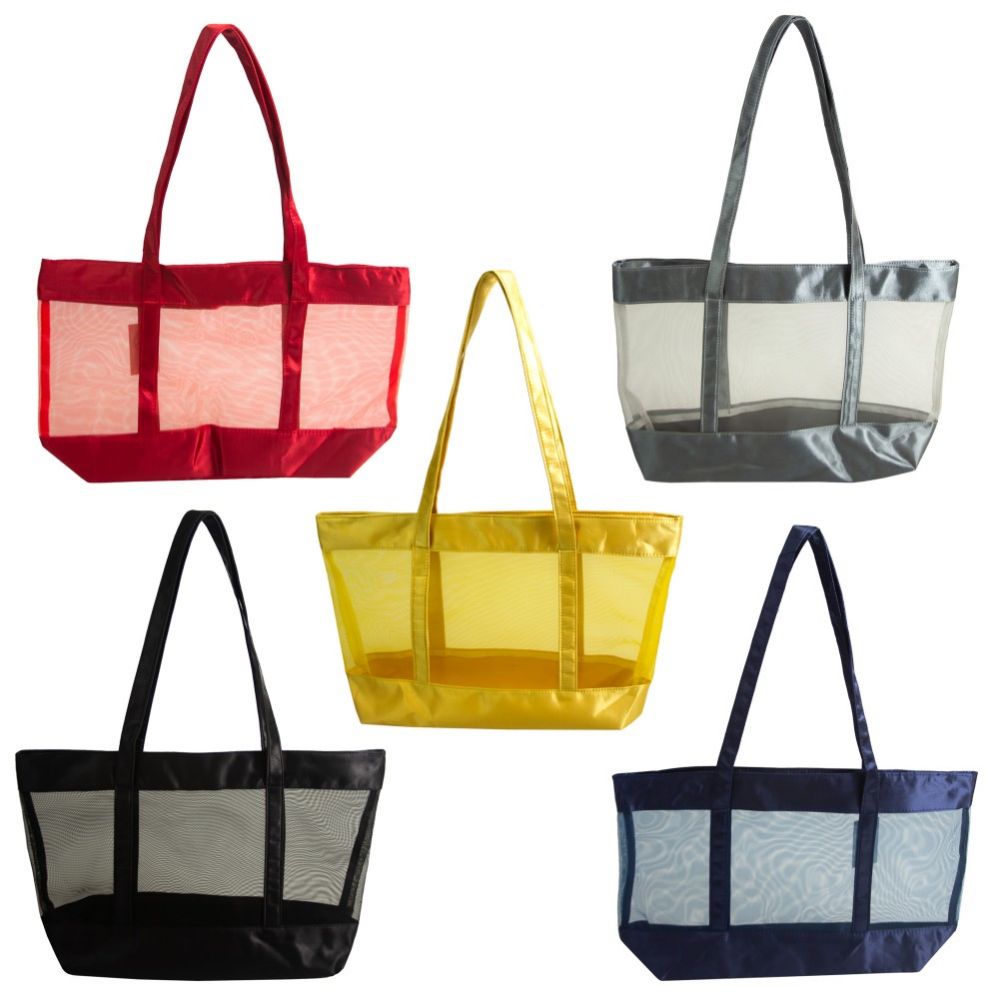 24 Bulk Large Mesh Bulk Tote Bags In 5 Assorted Colors at