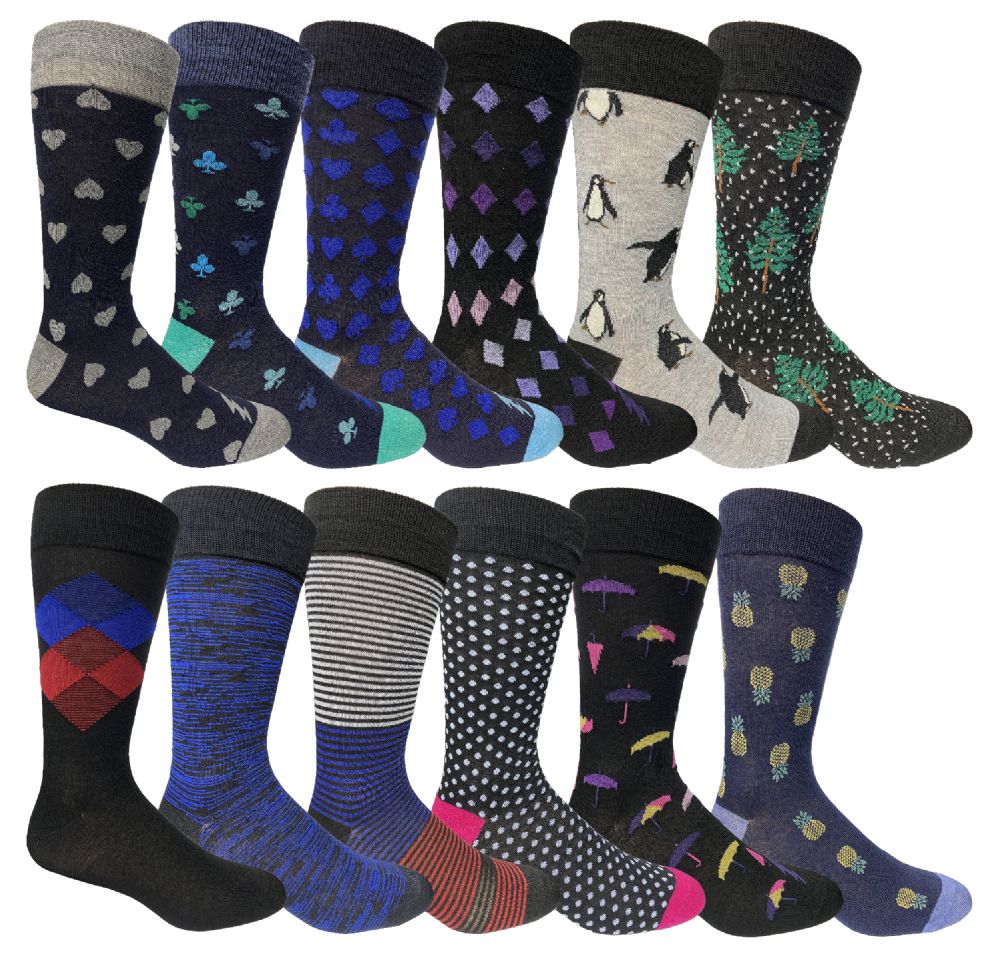 36 Bulk Yacht & Smith Assorted Design Mens Dress Socks, Sock Size 1013