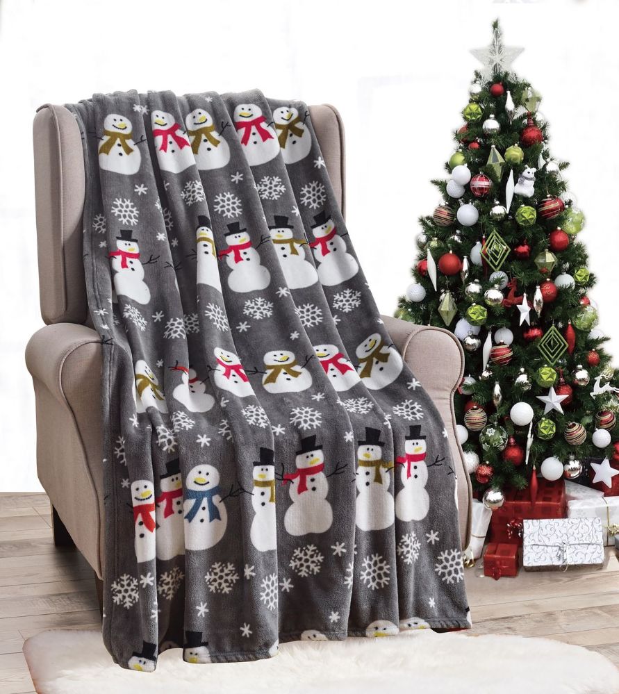 24 Bulk Grey Snowman Holiday Throw Design Micro Plush Throw Blanket