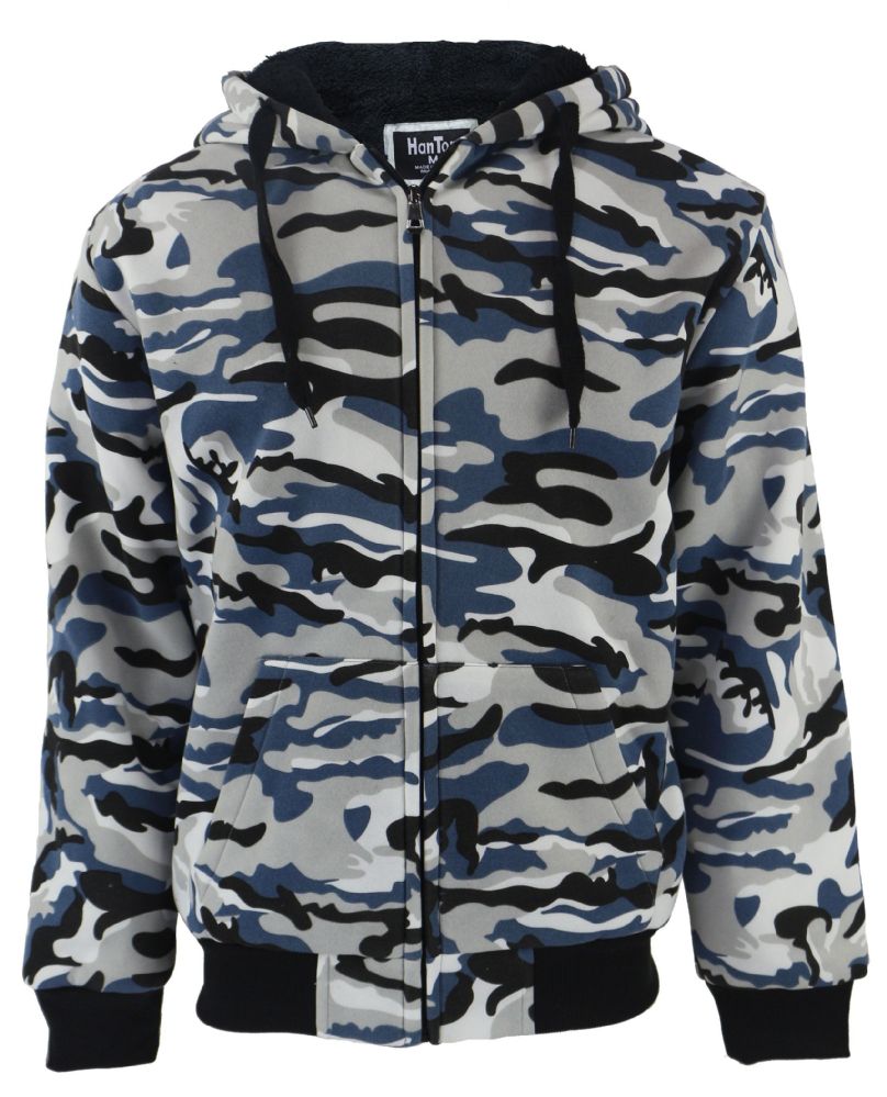 12 Bulk Mens Camoflage Sherpa Lined Zip Up Hoodie Sweater In Camo Blue ...