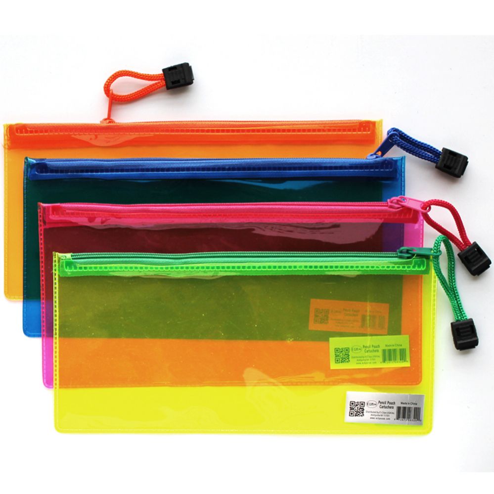 96 Bulk PVC Zipper pencil pouch, assorted neon colors - at