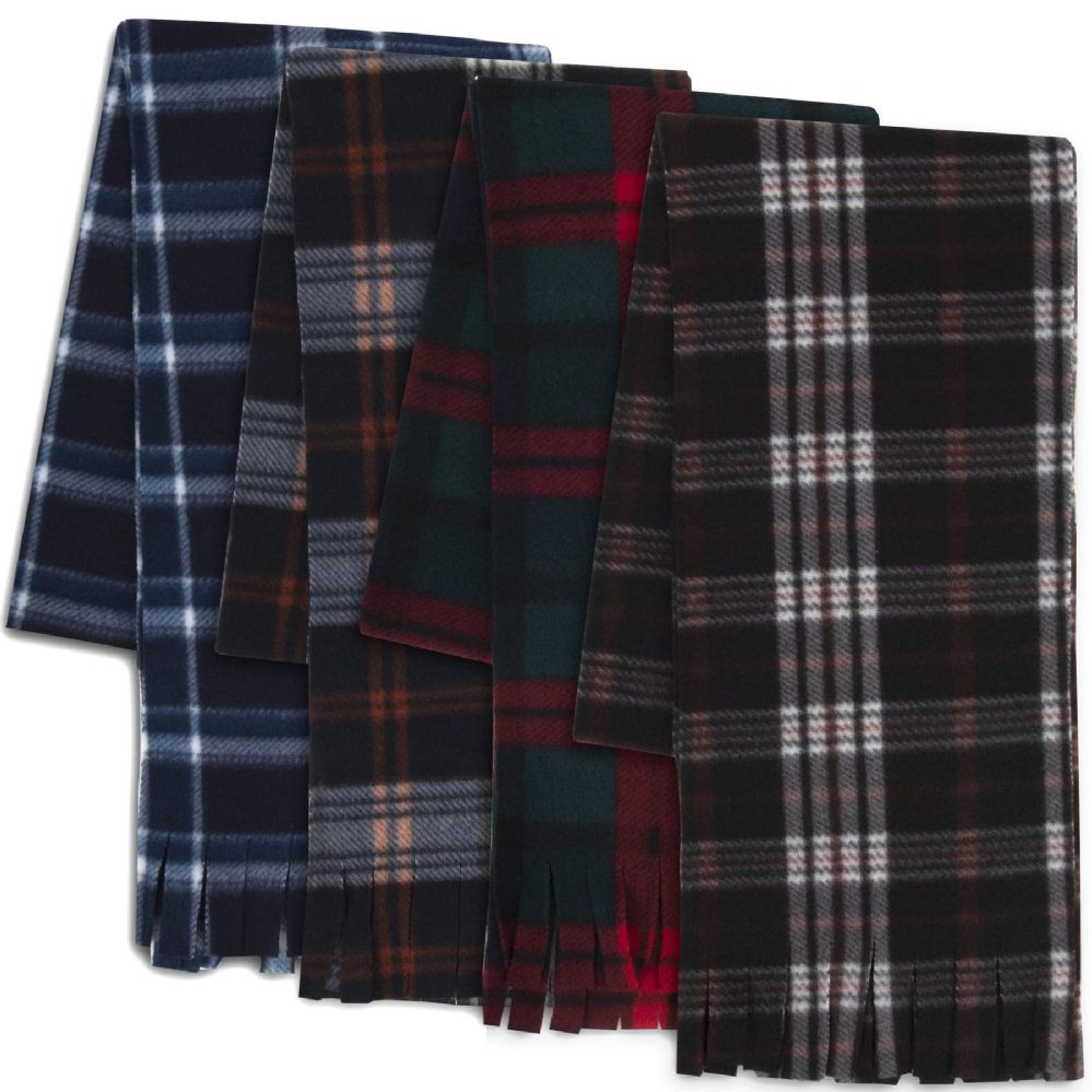 100 Bulk Adult Fleece Scarves 60" X 8" With Fringe Plaid Assortment