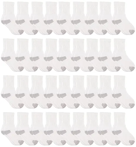 36 Bulk Yacht & Smith Kid's Cotton Terry Cushioned White With Gray Heel/toe Crew Socks