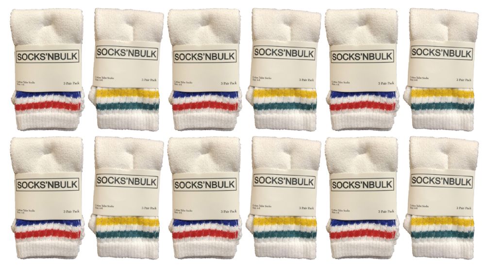 1200 Bulk Yacht & Smith Kids Cotton Tube Socks White With Stripes Size 4-6 Bulk Pack