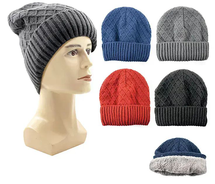 24 Bulk Mens Assorted Fuzzy Interior Winter Hats at