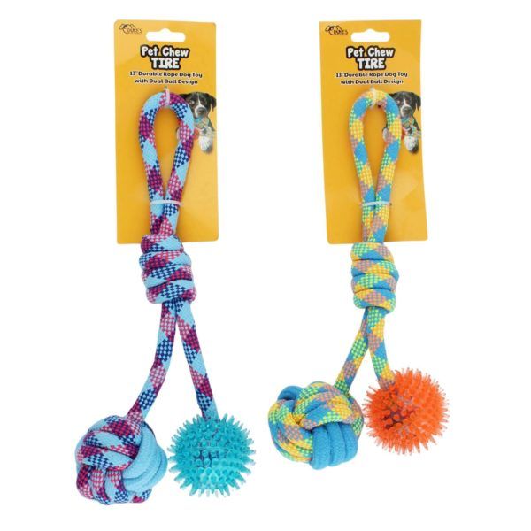8 Bulk Durable Rope Dog Toy With Dual Ball Design In Assorted Colors