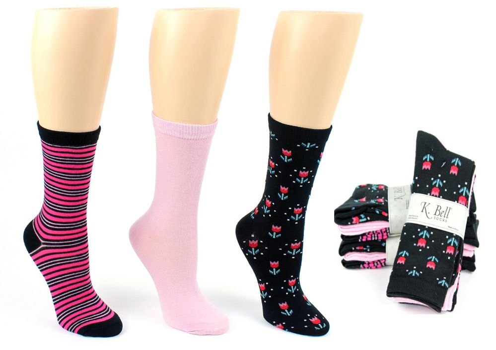 Wholesale Women's Designer Crew Socks by K. Bell Striped, Solid