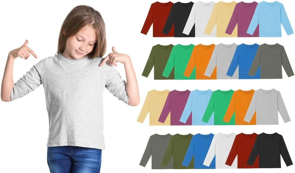 24 Bulk Kids Long Sleeve T-Shirts Cotton Unisex Assorted Colors Sizes Small