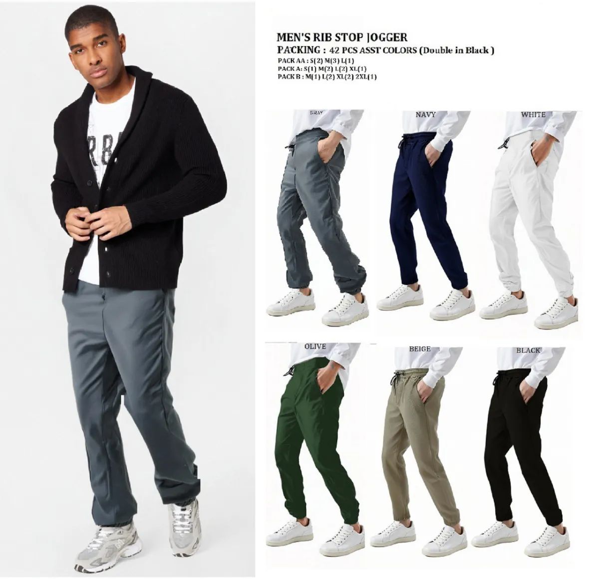 42 Bulk Men's Rib Stop Jogger In Assorted Colors - Pack aa