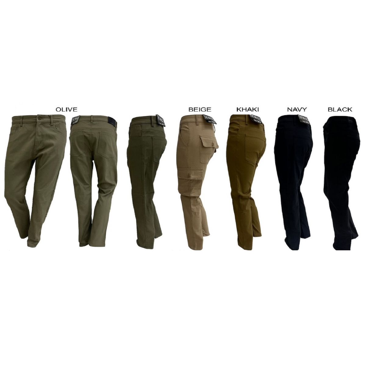 12 Bulk Men's Stretch Twill Pants Assorted Colors - Pack A