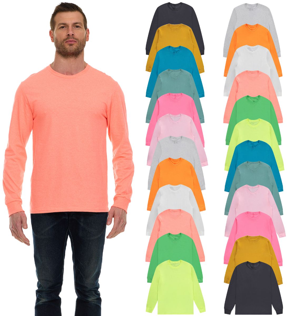 24 Bulk Mens Assorted Light Colors Long Sleeve T-Shirt Size 4xlarge