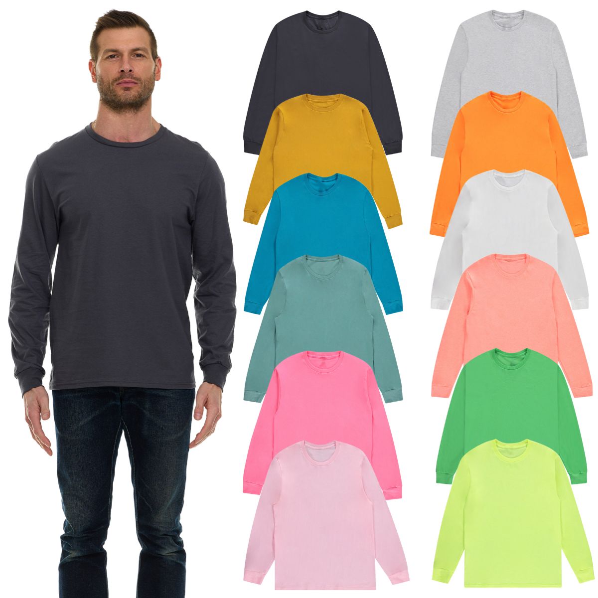 12 Bulk Mens Assorted Light Colors Long Sleeve T-Shirt Size 3xlarge