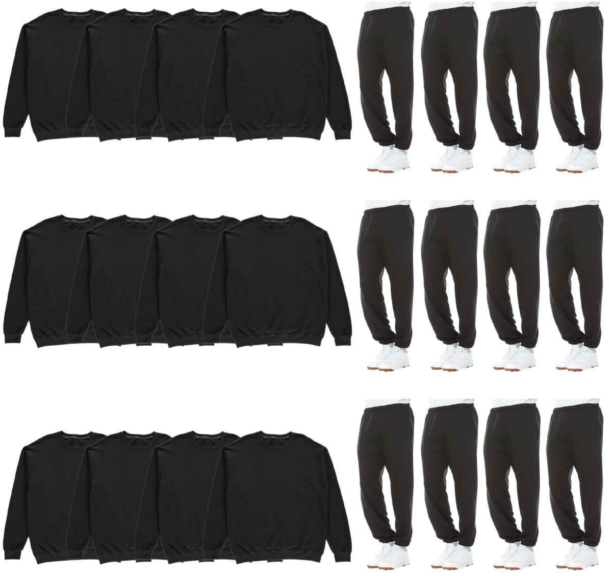 24 Bulk Mix And Match Mens Fleece Assorted Jogger Pants And Black Crew Neck Sweatshirts Size Small
