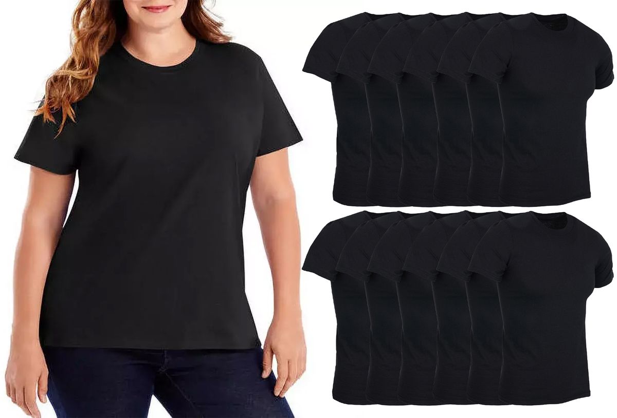 48 Bulk Women's Cotton Short Sleeve T Shirts Solid Black Size M