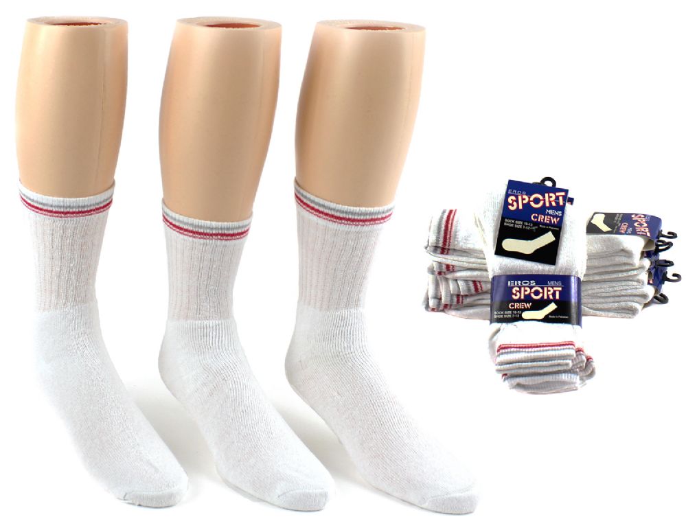 24 Bulk Men's Athletic Crew Socks White W/ Striped Band Size 1013