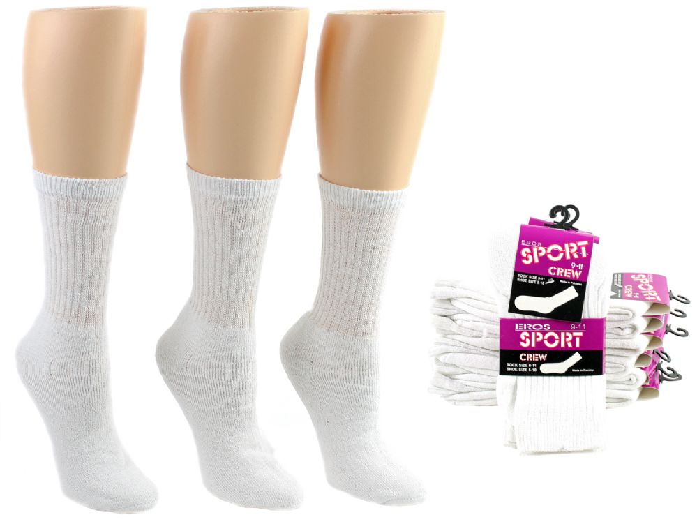 24 Bulk Women's Athletic Crew Socks White Size 911 at