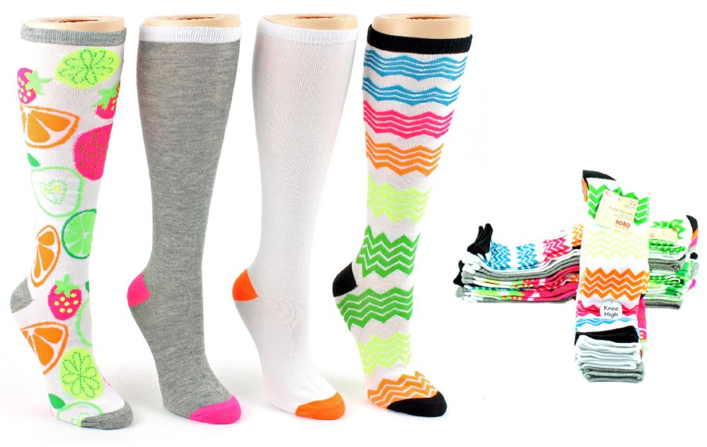 6 Bulk Women's Knee High Novelty Socks Assorted Neon Prints Size 911 4Pair Packs at