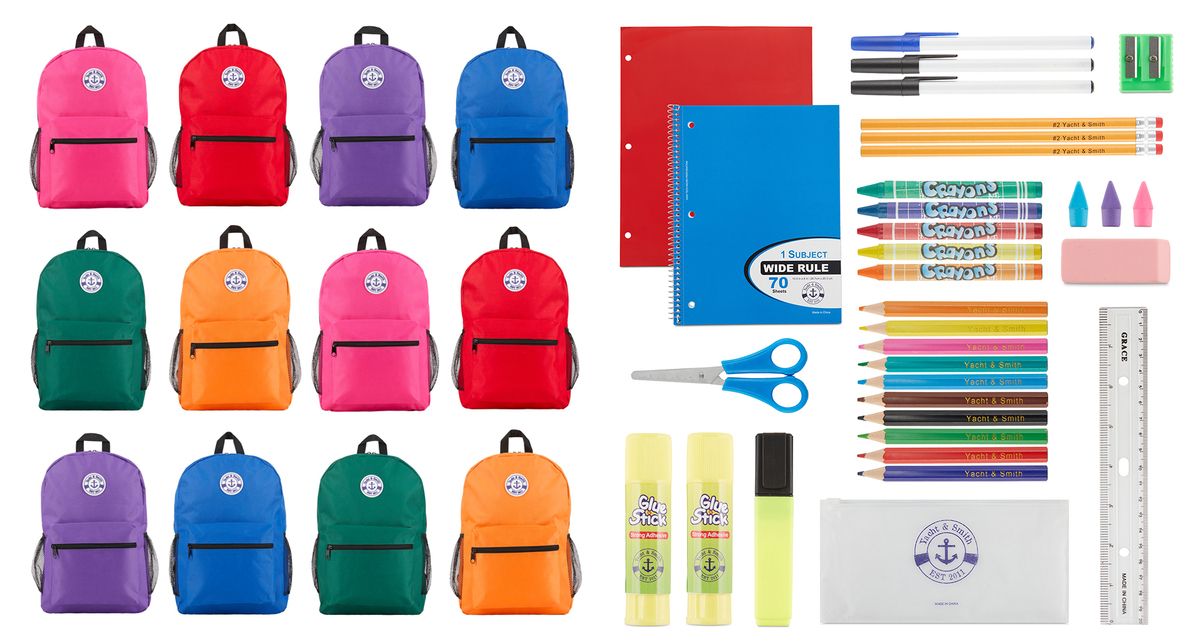24 Bulk Yacht & Smith School Supply Bundle 12 Assorted Back Packs Plus 12 (34 Piece) School Supply Kits