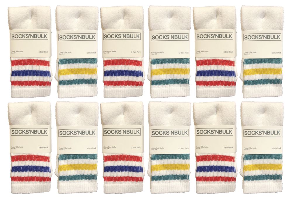 12 Bulk Yacht & Smith Kid's Cotton Terry Cushioned White With Stripes Crew Socks