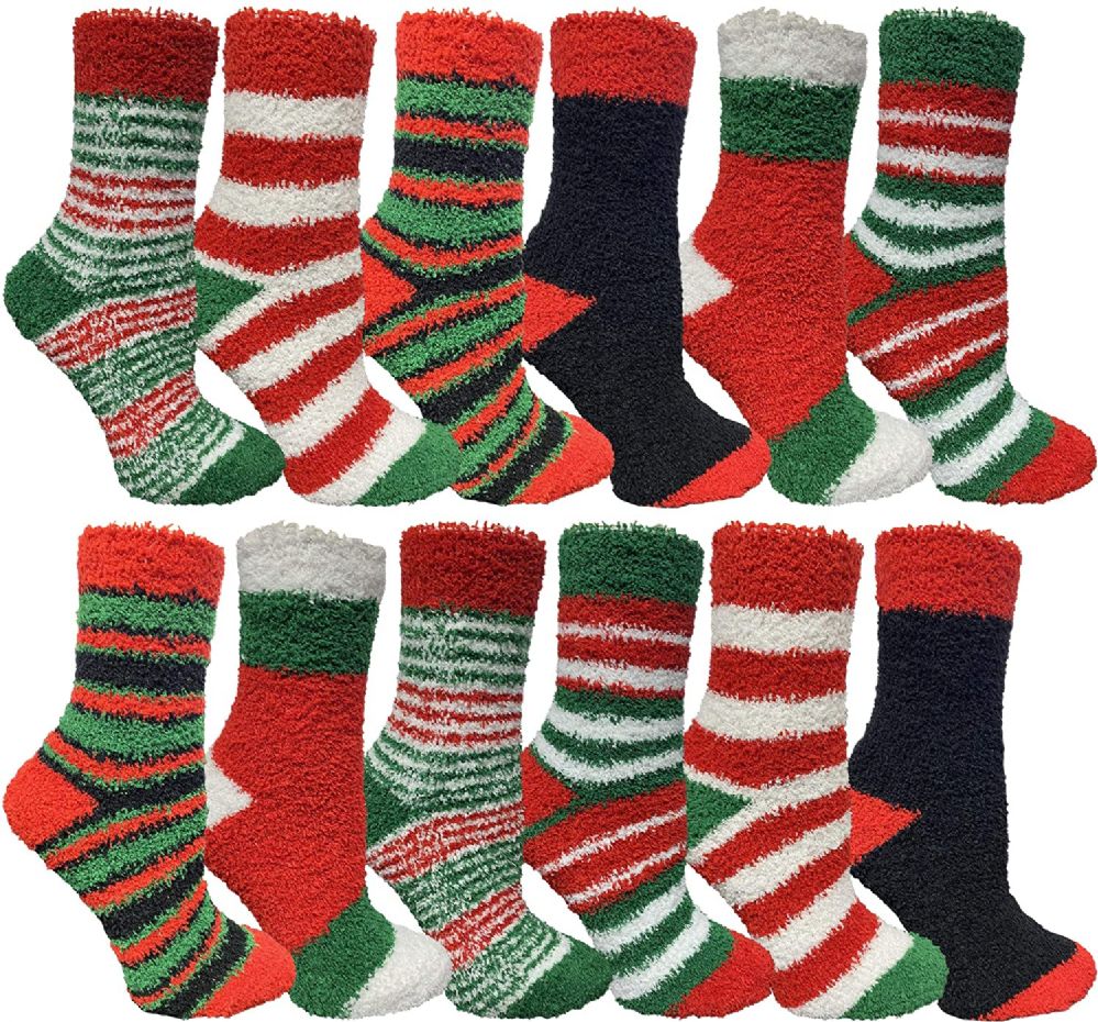 48 Bulk Yacht & Smith Women's Printed Assorted Colors Warm & Cozy Fuzzy Christmas Holiday Socks