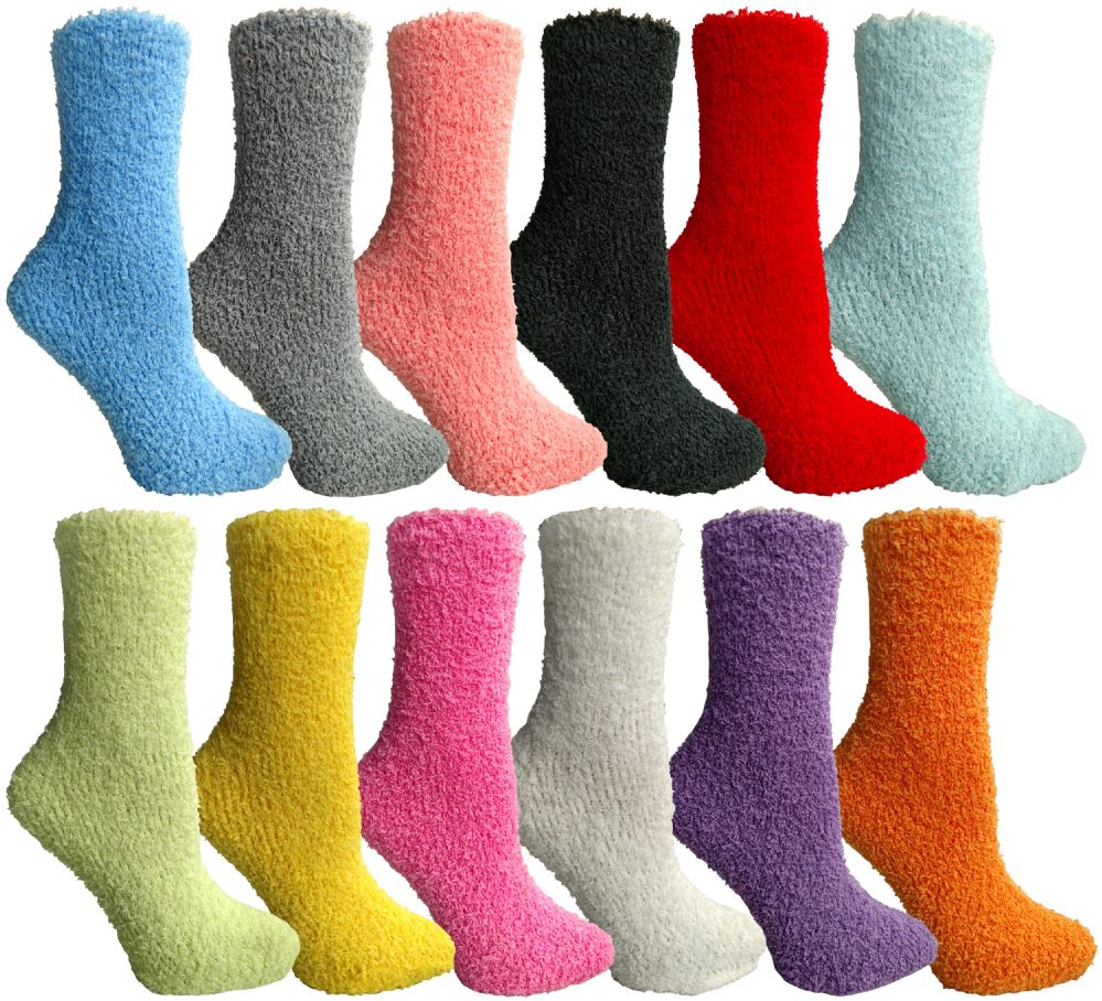 24 Bulk Yacht & Smith Women's Solid Color Gripper Fuzzy Socks Assorted