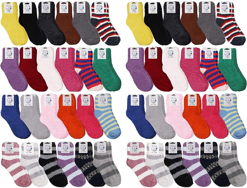 12 Bulk Yacht & Smith Women's Striped Assorted Colors Warm & Cozy Fuzzy Sock