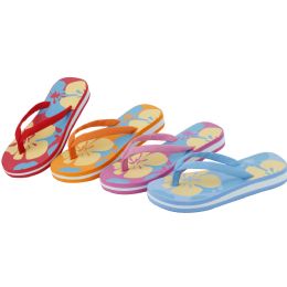 48 Bulk Girls Flower Printed Flip Flop Assorted Colors