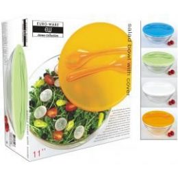 6 Bulk Glass Salad Bowl With Cover And Serving Utensils