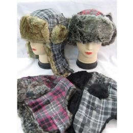 60 Bulk Winter Plaid Pilot Hat With Heavy Faux Fur