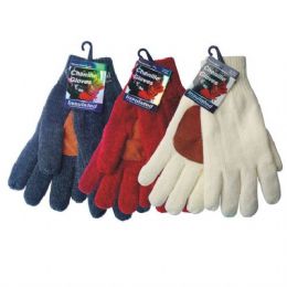 36 Bulk Winter Chenille Glove W/ Leather Palm hd