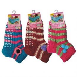 72 Bulk Girls Slipper Socks With Gripper Bottom Size 6-8